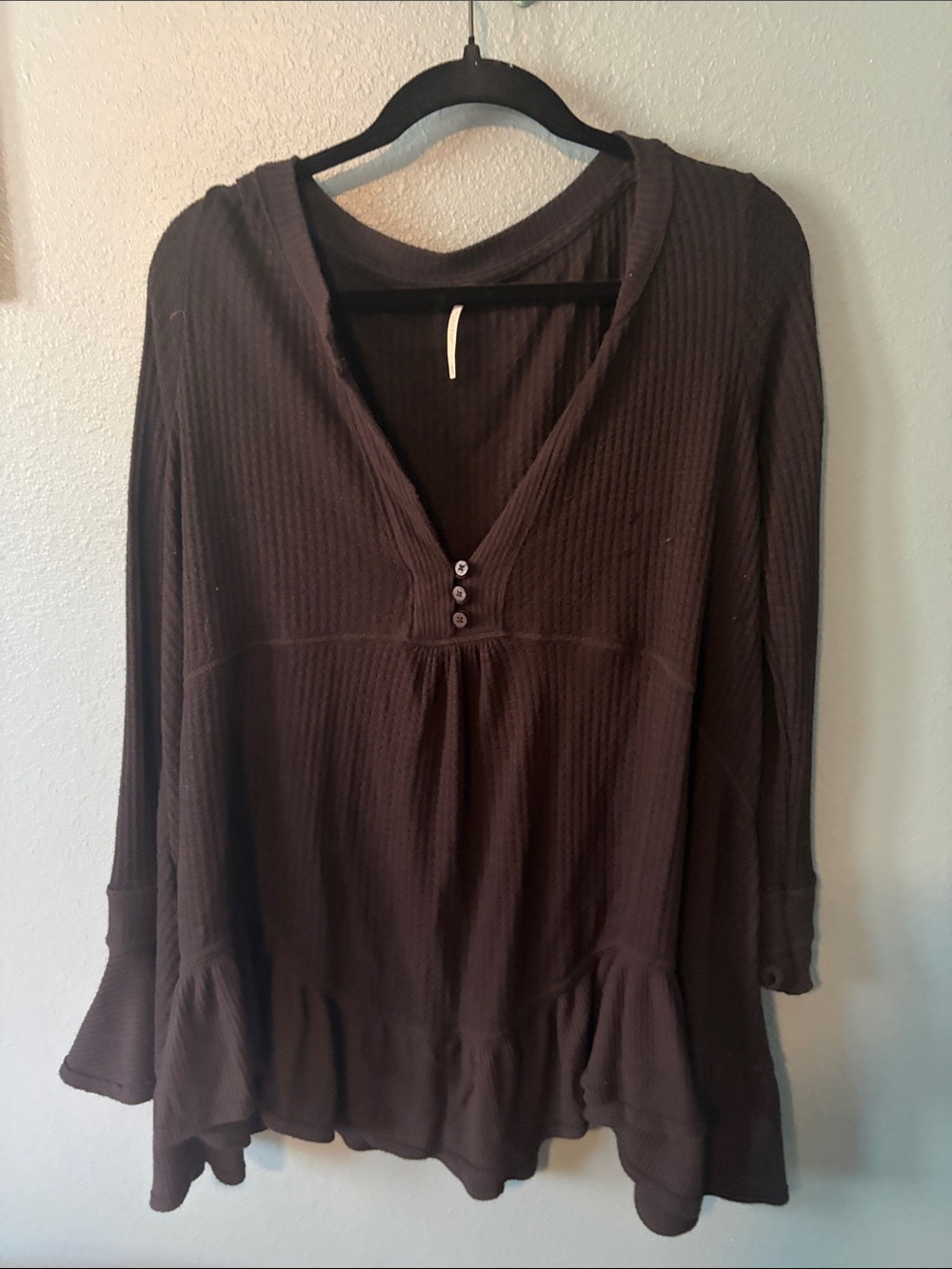 Free People Chocolate Brown Ruffle-Hem Henley Tunic